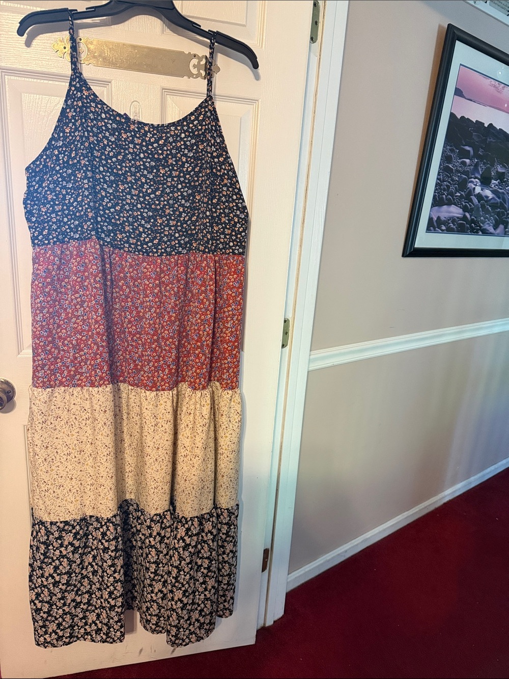 Boho Tiered spagetti strap maxi floral dress; size: 2XL